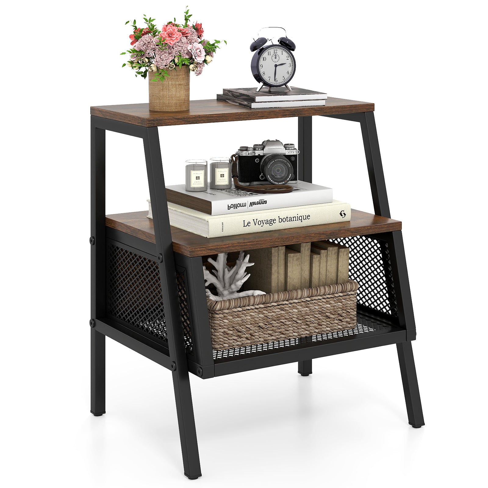 Industrial 3-Tier Nightstand, 2 Open Shelves, Metal Mesh, Rustic, Brown Nightstands Rustic Brown at Gallery Canada