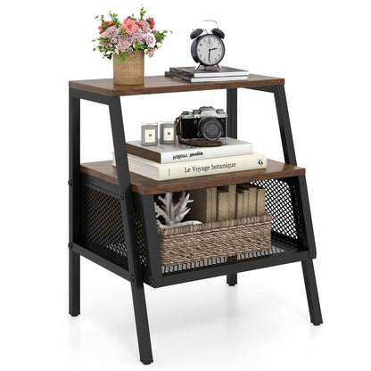 Industrial 3-Tier Nightstand, 2 Open Shelves, Metal Mesh, Rustic, Brown Nightstands at Gallery Canada
