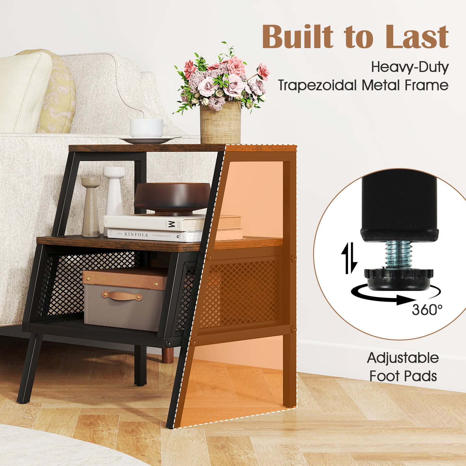 Industrial 3-Tier Nightstand, 2 Open Shelves, Metal Mesh, Rustic, Brown Nightstands at Gallery Canada