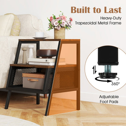 Industrial 3-Tier Nightstand, 2 Open Shelves, Metal Mesh, Rustic, Brown Nightstands at Gallery Canada