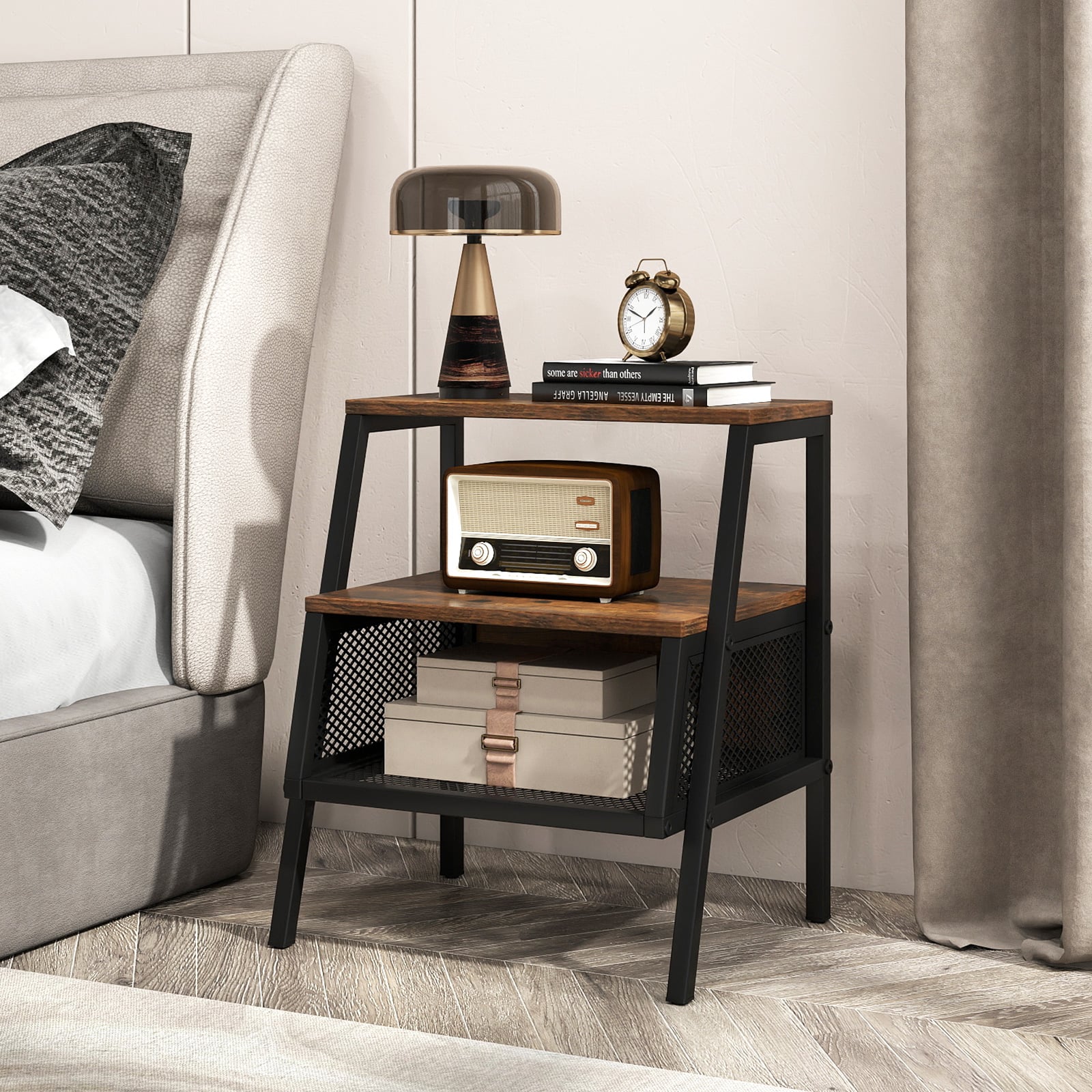 Industrial 3-Tier Nightstand, 2 Open Shelves, Metal Mesh, Rustic, Brown Nightstands at Gallery Canada
