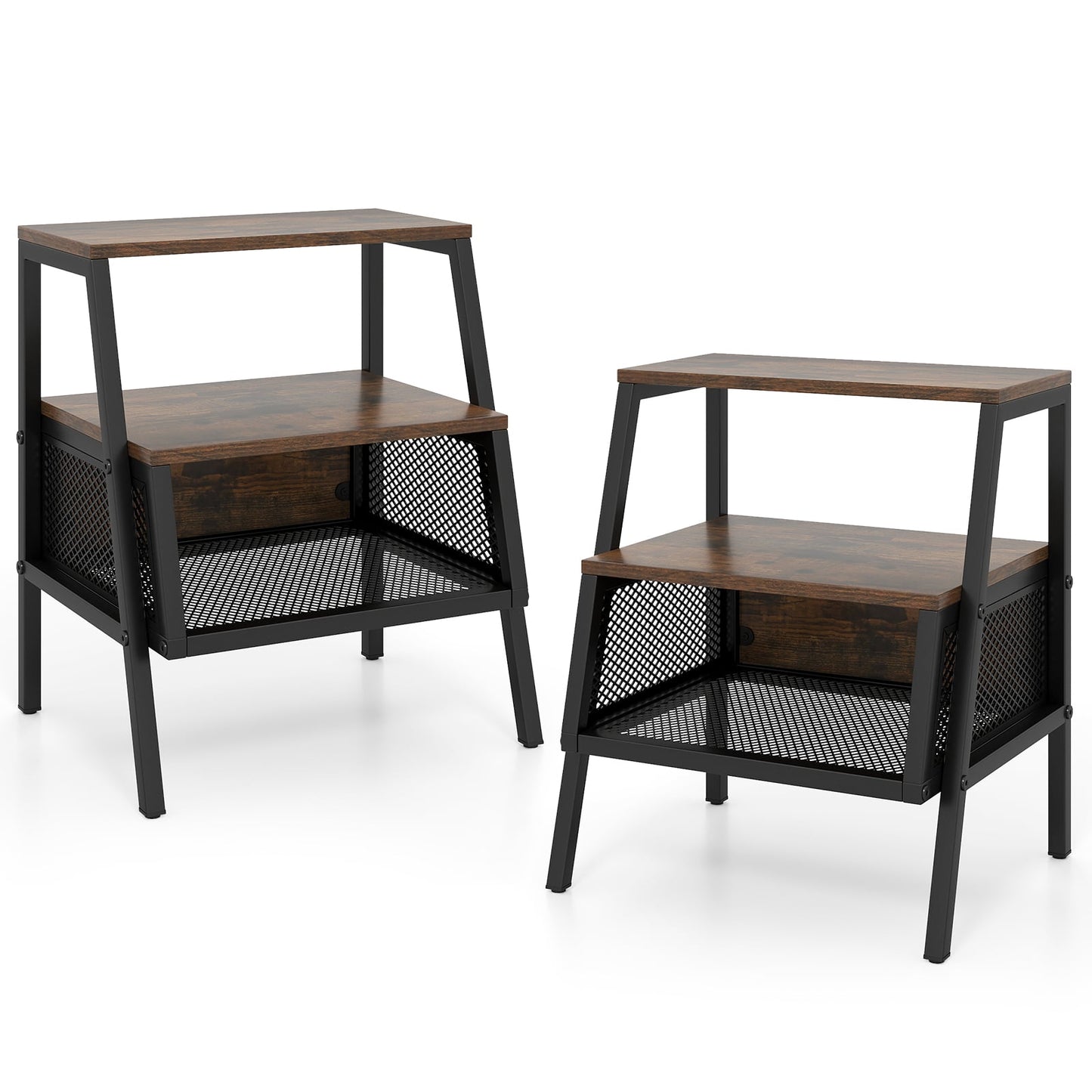 Industrial Nightstand 3-Tier End Table Set of 2 with 2 Open Shelves and Metal Mesh Compartment, Rustic Brown Nightstands Rustic Brown at Gallery Canada