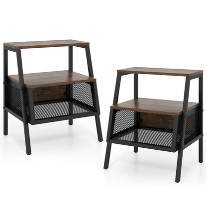 Industrial Nightstand 3-Tier End Table Set of 2 with 2 Open Shelves and Metal Mesh Compartment, Rustic Brown Nightstands at Gallery Canada