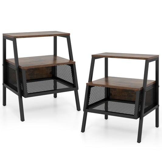Industrial Nightstand 3-Tier End Table Set of 2 with 2 Open Shelves and Metal Mesh Compartment, Rustic Brown