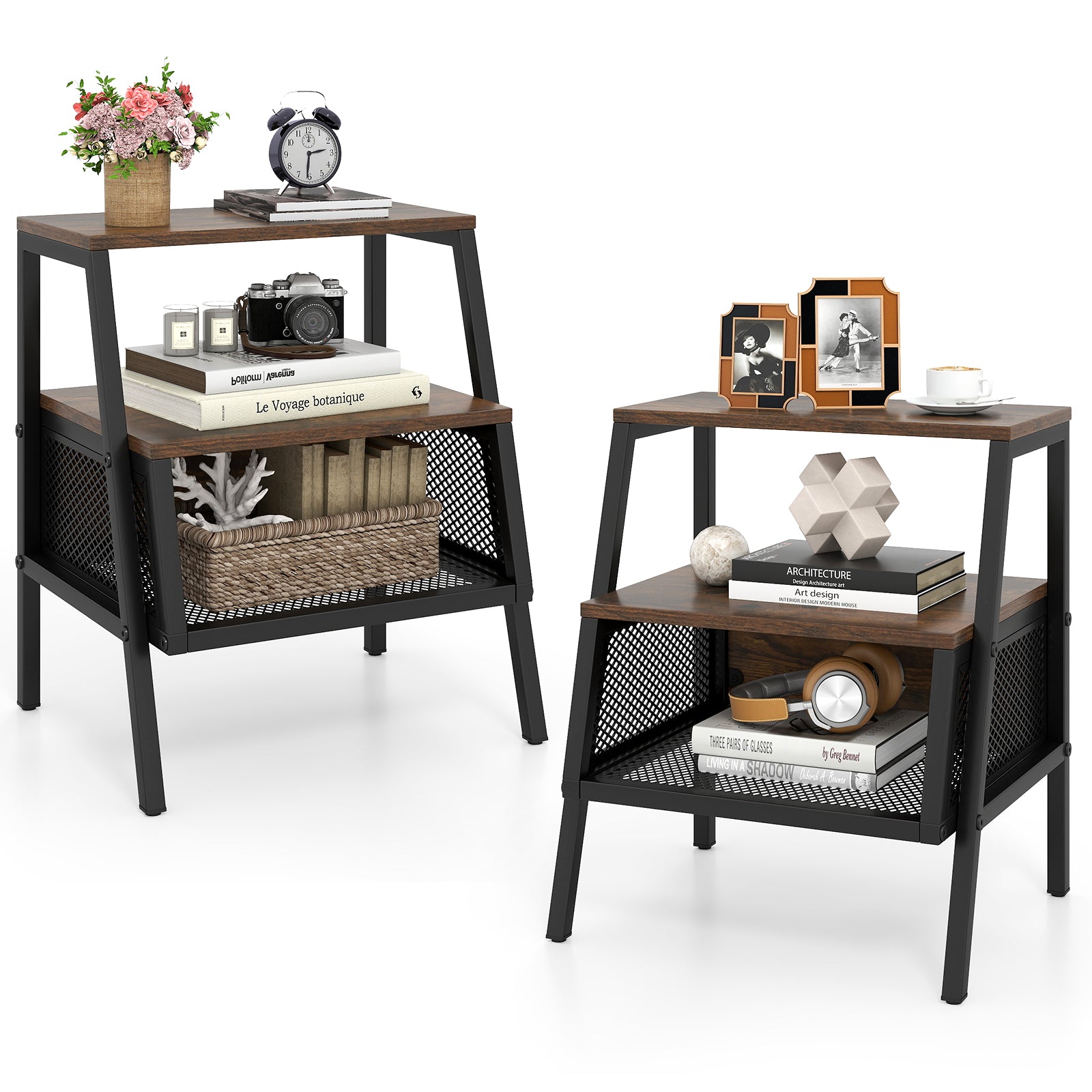 Industrial Nightstand 3-Tier End Table Set of 2 with 2 Open Shelves and Metal Mesh Compartment, Rustic Brown Nightstands at Gallery Canada