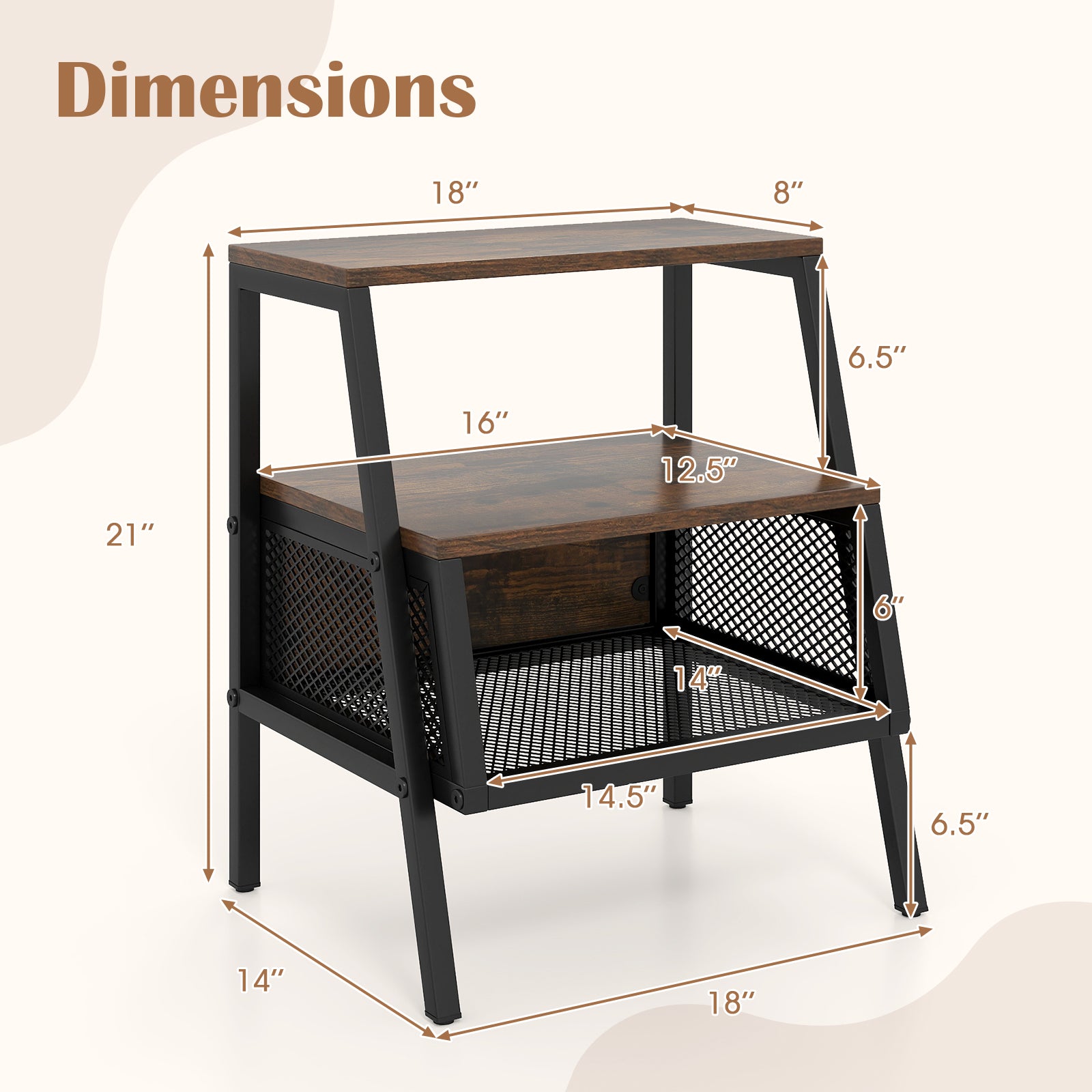 Industrial Nightstand 3-Tier End Table Set of 2 with 2 Open Shelves and Metal Mesh Compartment, Rustic Brown Nightstands at Gallery Canada