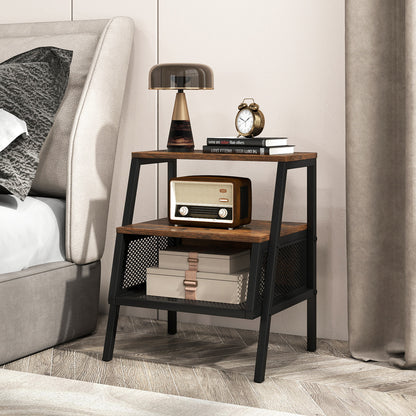 Industrial Nightstand 3-Tier End Table Set of 2 with 2 Open Shelves and Metal Mesh Compartment, Rustic Brown Nightstands at Gallery Canada
