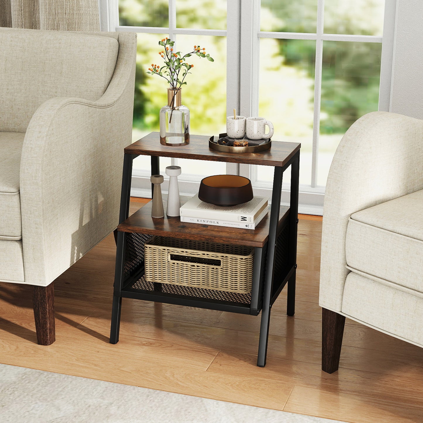 Industrial Nightstand 3-Tier End Table Set of 2 with 2 Open Shelves and Metal Mesh Compartment, Rustic Brown Nightstands at Gallery Canada
