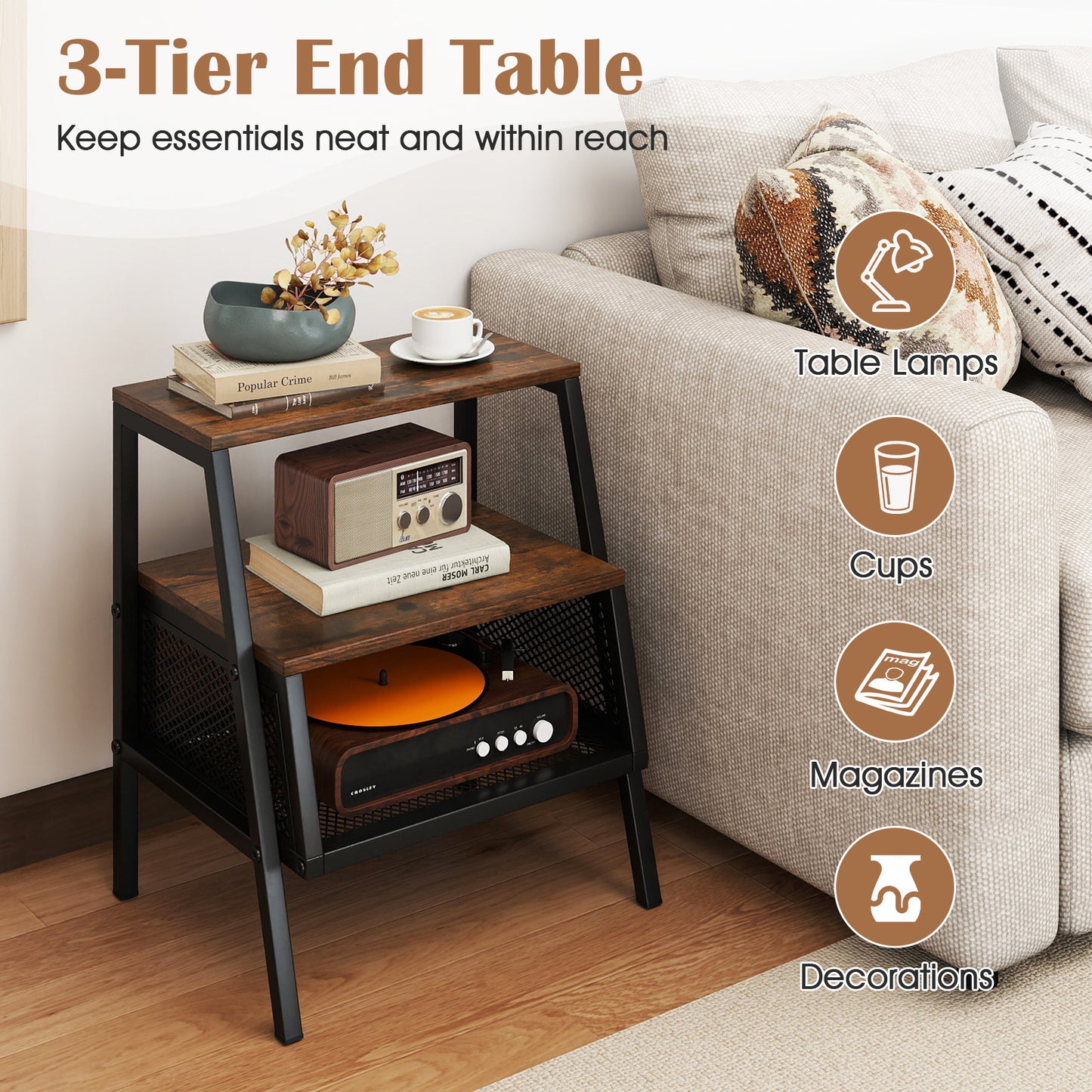 Industrial Nightstand 3-Tier End Table Set of 2 with 2 Open Shelves and Metal Mesh Compartment, Rustic Brown Nightstands at Gallery Canada