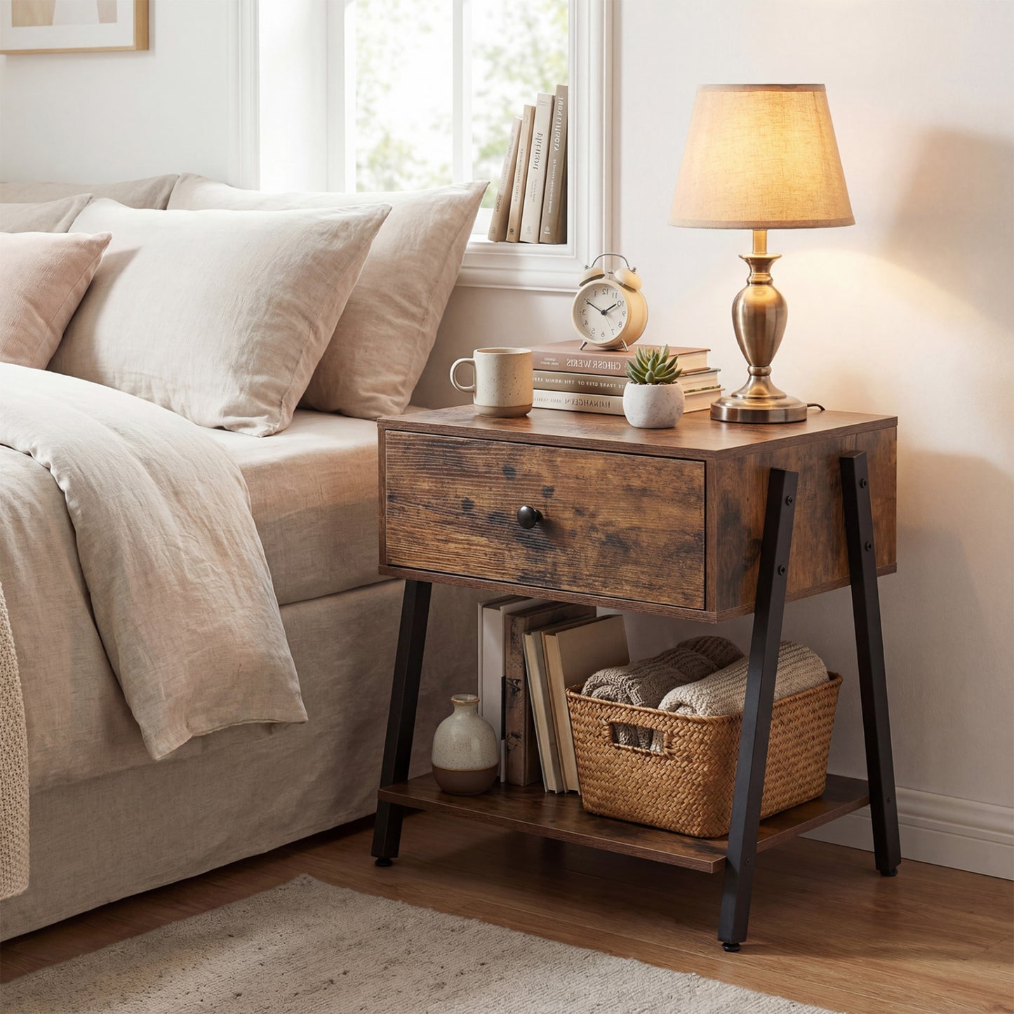 Industrial Nightstand, Drawer, Adjustable Foot Pads, Rustic Brown