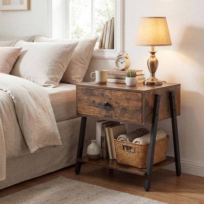 Industrial Nightstand, Drawer, Adjustable Foot Pads, Rustic Brown