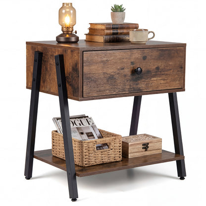 Industrial Nightstand, Drawer, Adjustable Foot Pads, Rustic Brown