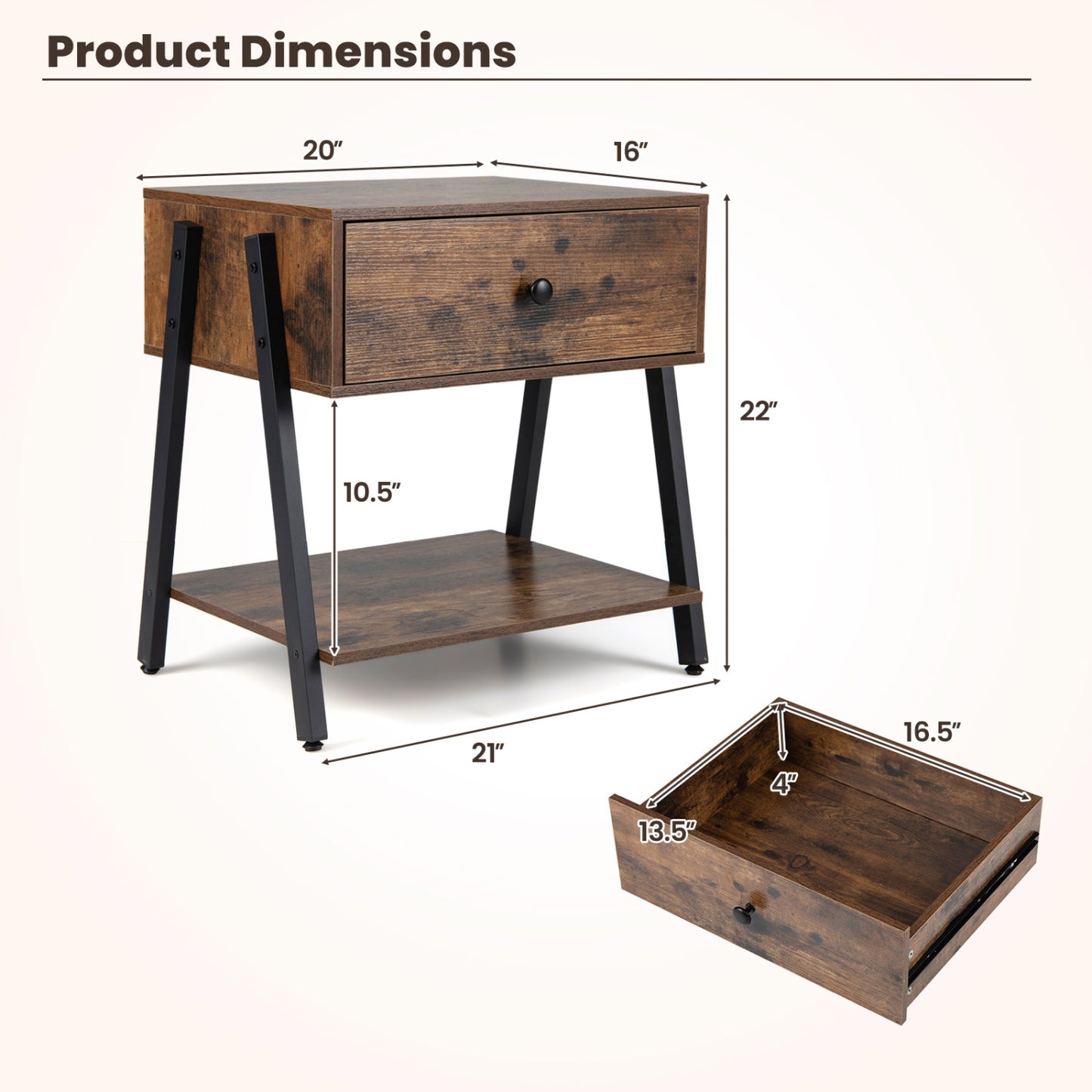 Industrial Nightstand, Drawer, Adjustable Foot Pads, Rustic Brown