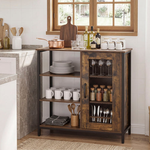 Industrial Side Cabinet, Metal Mesh Door, 3 Shelves, Rustic Brown