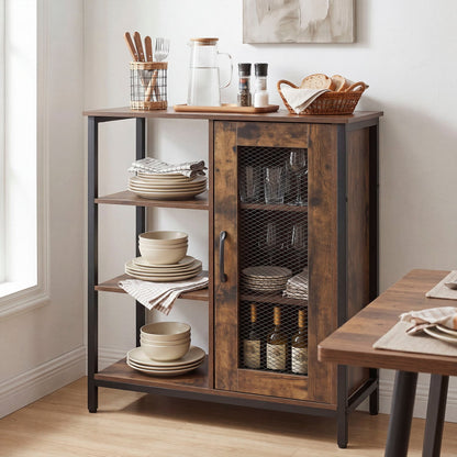 Industrial Side Cabinet, Metal Mesh Door, 3 Shelves, Rustic Brown