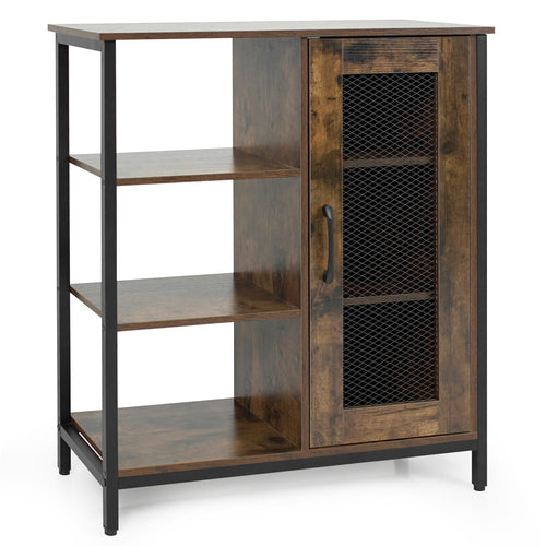 Industrial Side Cabinet, Metal Mesh Door, 3 Shelves, Rustic Brown