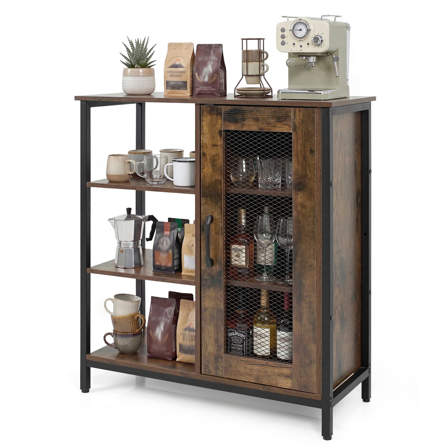 Industrial Side Cabinet, Metal Mesh Door, 3 Shelves, Rustic Brown