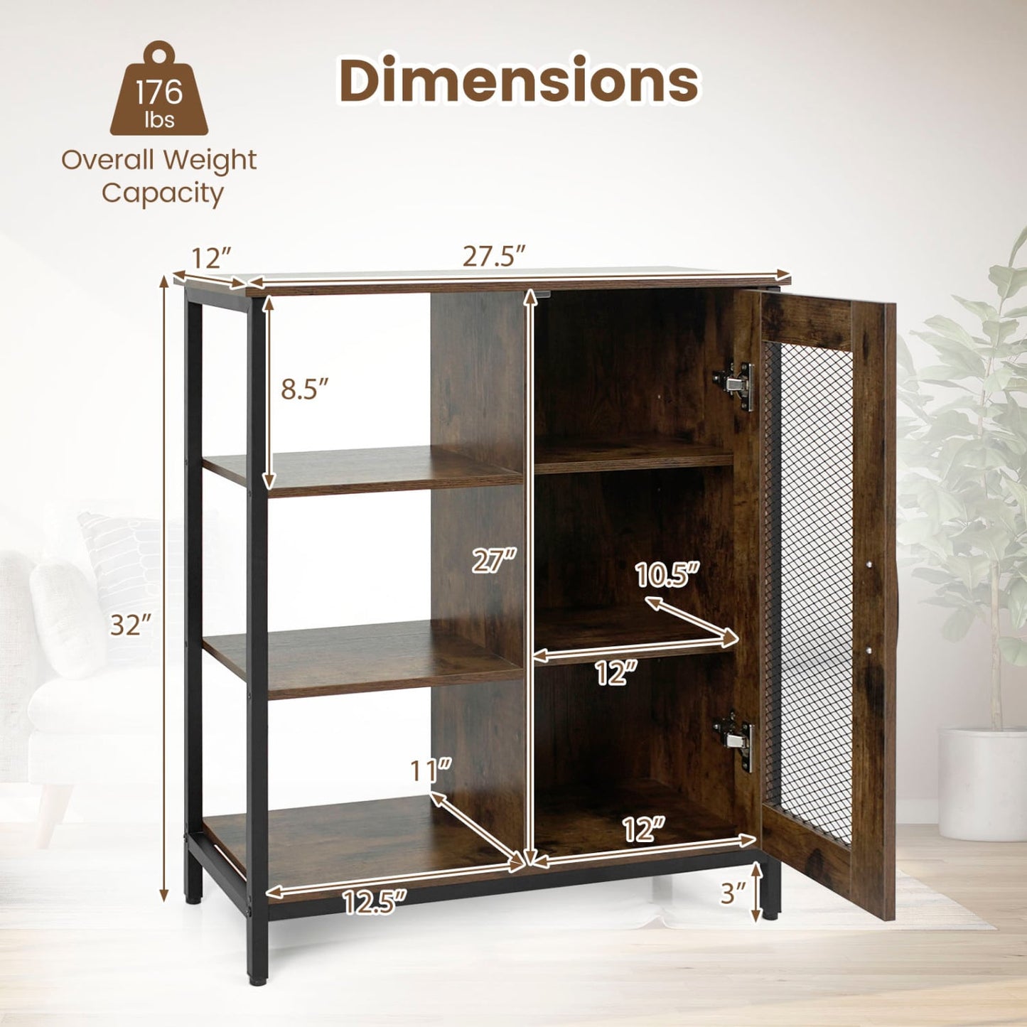 Industrial Side Cabinet, Metal Mesh Door, 3 Shelves, Rustic Brown