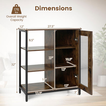 Industrial Side Cabinet, Metal Mesh Door, 3 Shelves, Rustic Brown