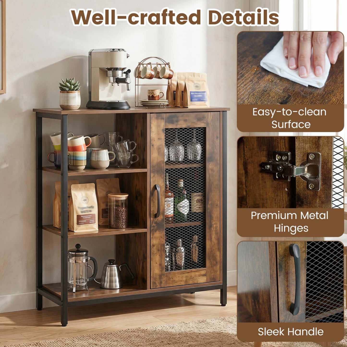 Industrial Side Cabinet, Metal Mesh Door, 3 Shelves, Rustic Brown