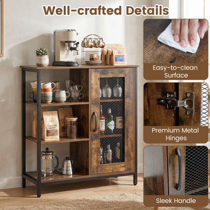 Industrial Side Cabinet, Metal Mesh Door, 3 Shelves, Rustic Brown
