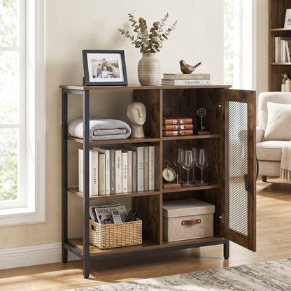 Industrial Side Cabinet, Metal Mesh Door, 3 Shelves, Rustic Brown