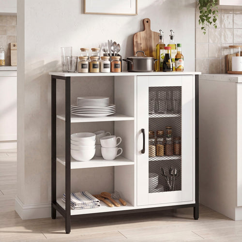 Industrial Side Cabinet, Metal Mesh Door, 3 Open Shelves, White