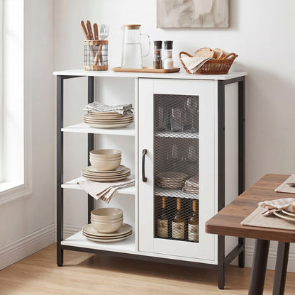 Industrial Side Cabinet, Metal Mesh Door, 3 Open Shelves, White