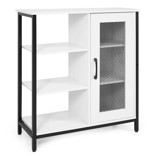 Industrial Side Cabinet, Metal Mesh Door, 3 Open Shelves, White
