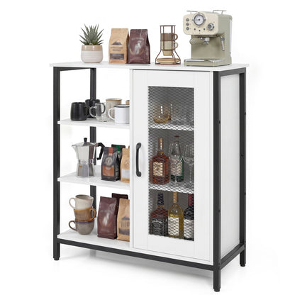 Industrial Side Cabinet, Metal Mesh Door, 3 Open Shelves, White