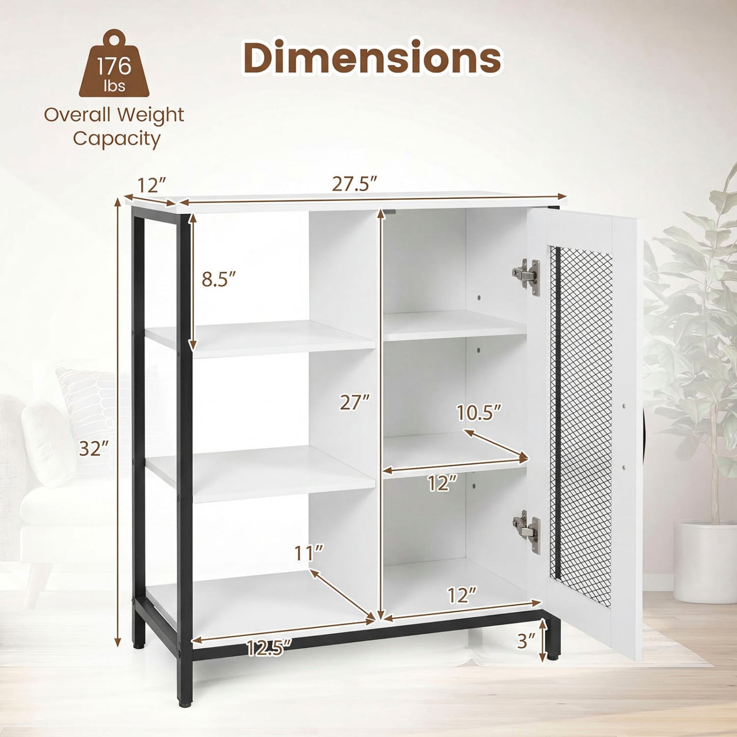 Industrial Side Cabinet, Metal Mesh Door, 3 Open Shelves, White