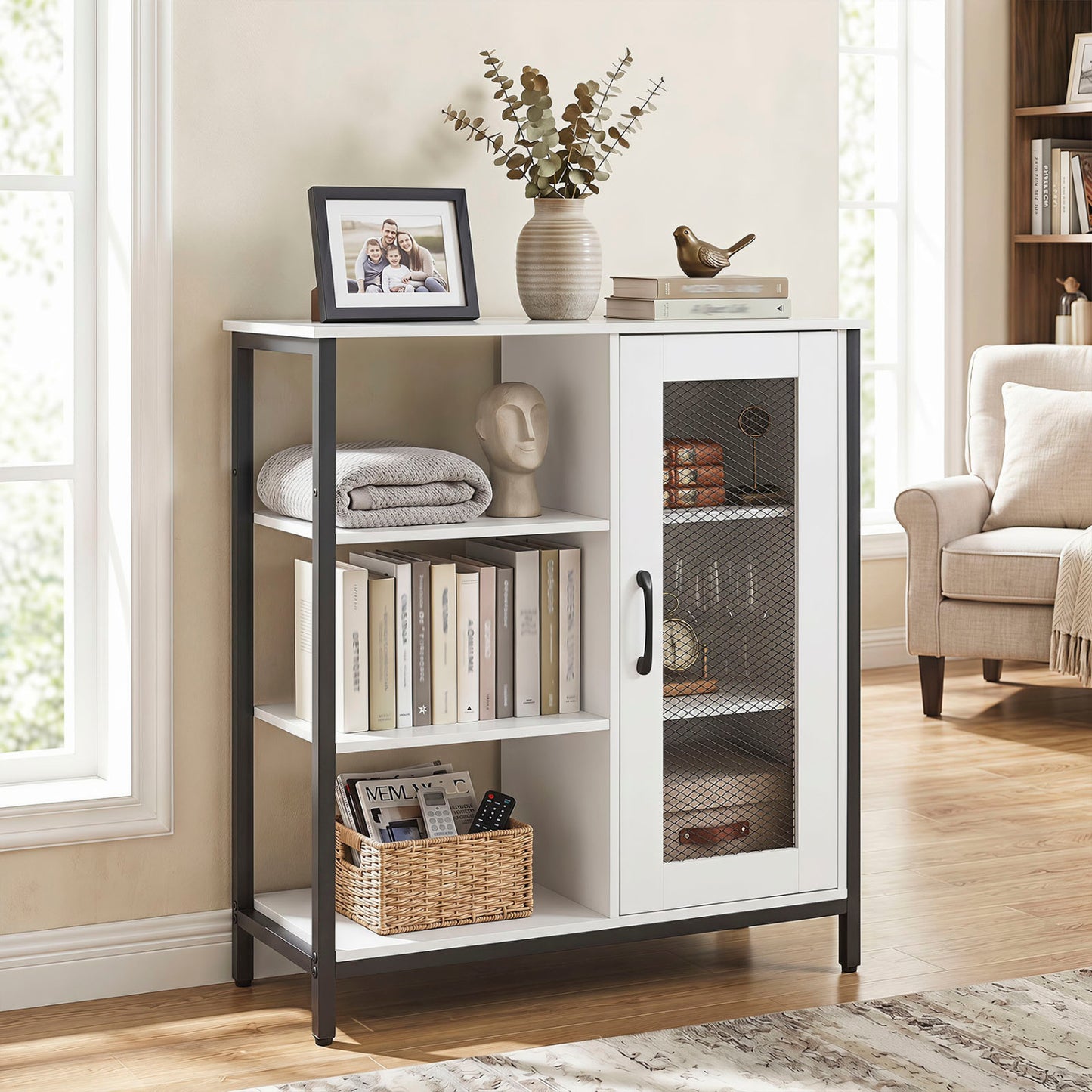 Industrial Side Cabinet, Metal Mesh Door, 3 Open Shelves, White