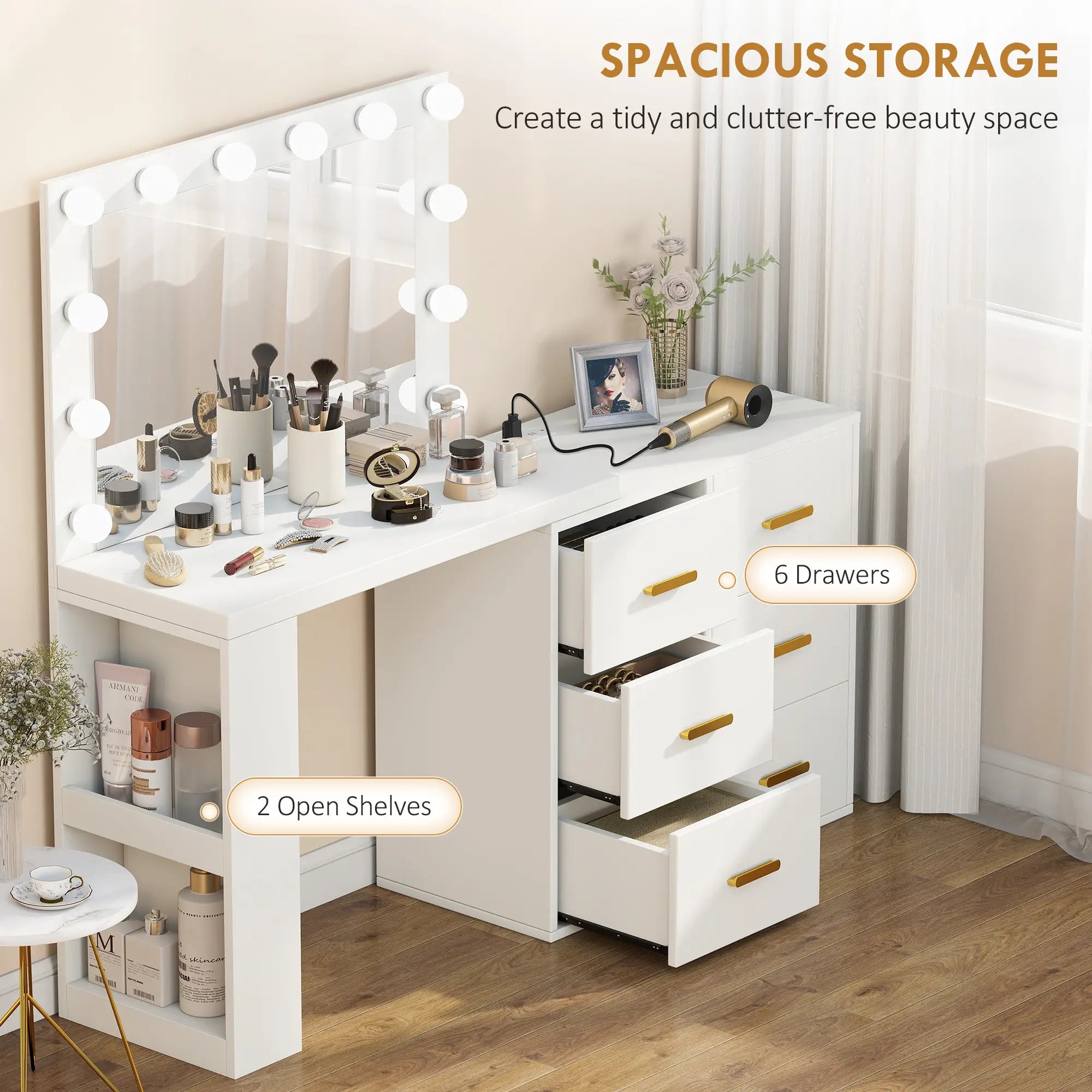 Vanity Desk with Mirror, LED Lights, Power Outlet, White Dressing & Vanity Tables at Gallery Canada