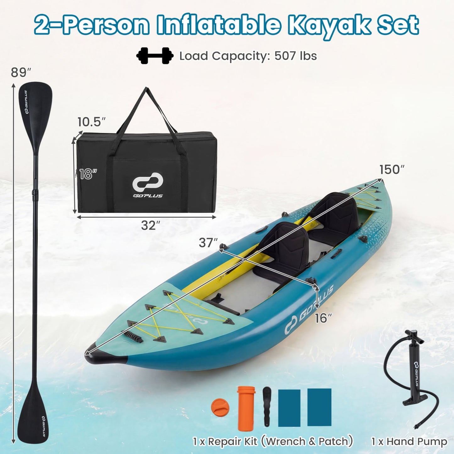 Inflatable 2-Person Kayak Set, With Aluminium Oars And Repair Kit, Green