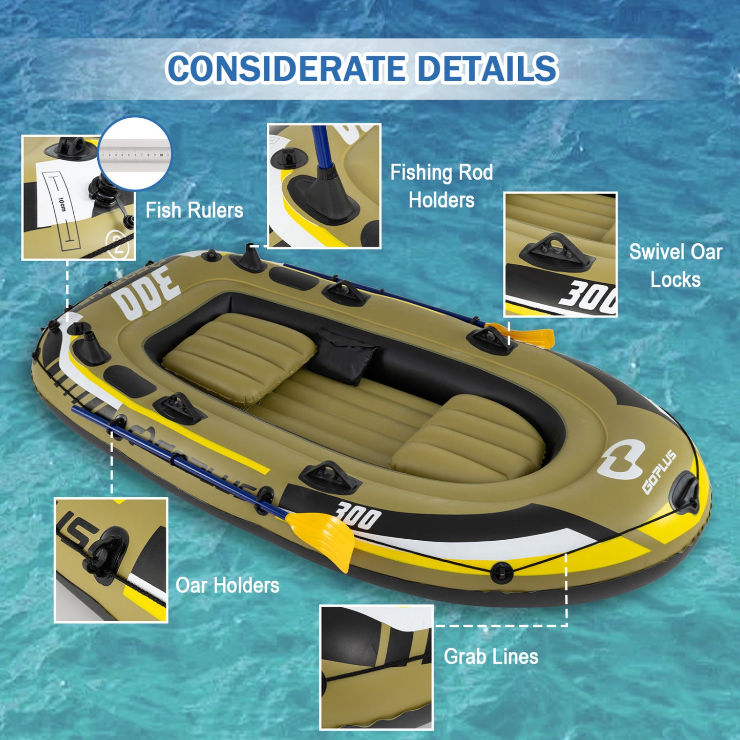 Inflatable Boat 3-Person Fishing Raft Set with Oars and Pump, Green Water Sports at Gallery Canada