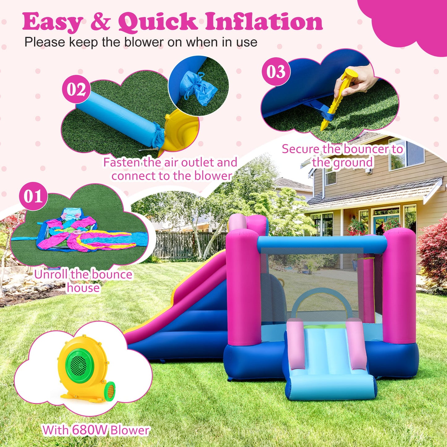 Inflatable Bounce House with Slides and Basketball Hoop (with 680W Blower)