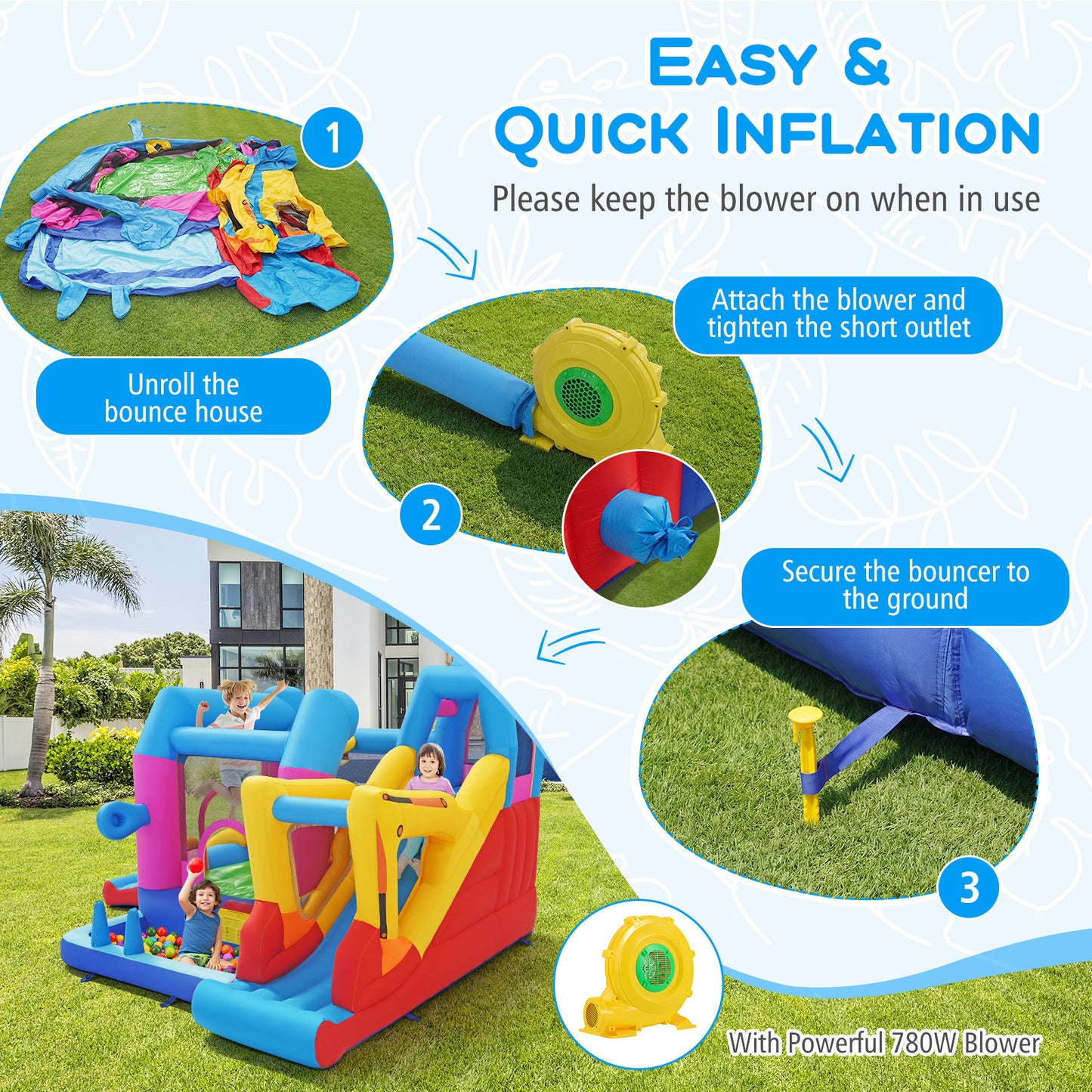 Inflatable Bounce House, 8-in-1 Excavator Kids Bouncer, 780W Blower