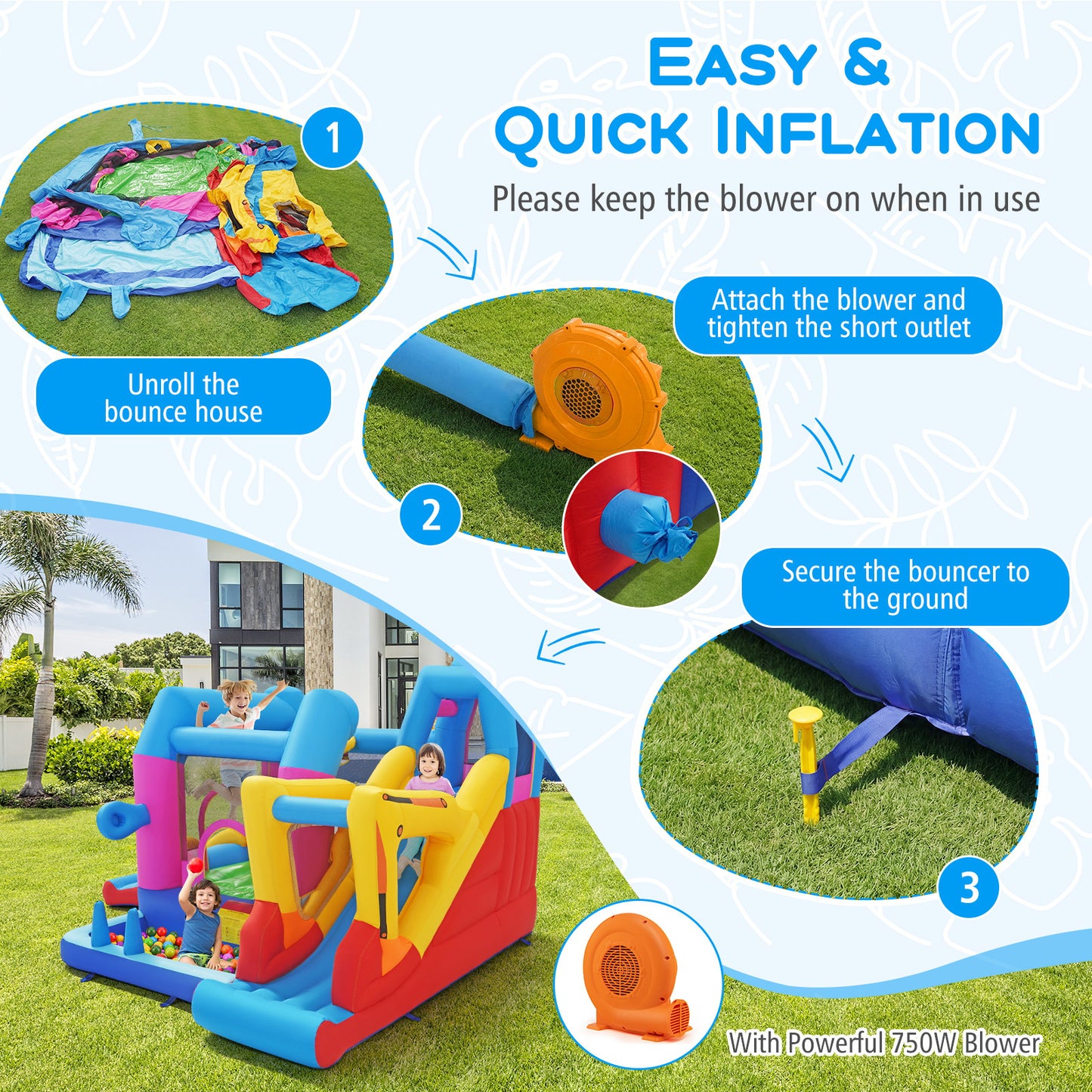 Inflatable Bounce House, 8-in-1 Excavator Kids Bouncer, 750W Blower