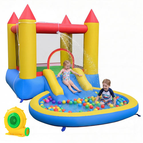 Inflatable Bounce House With Water Slide, 370W Blower, Multicolor