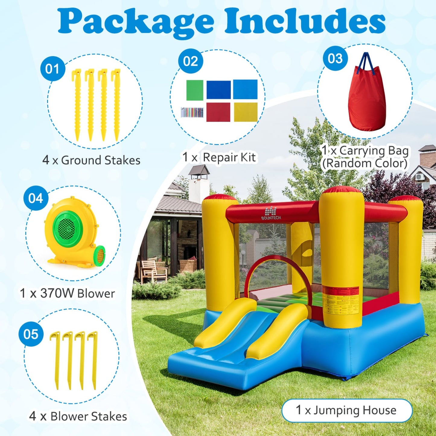 Inflatable Bounce House w/ Basketball Rim, 370W Blower