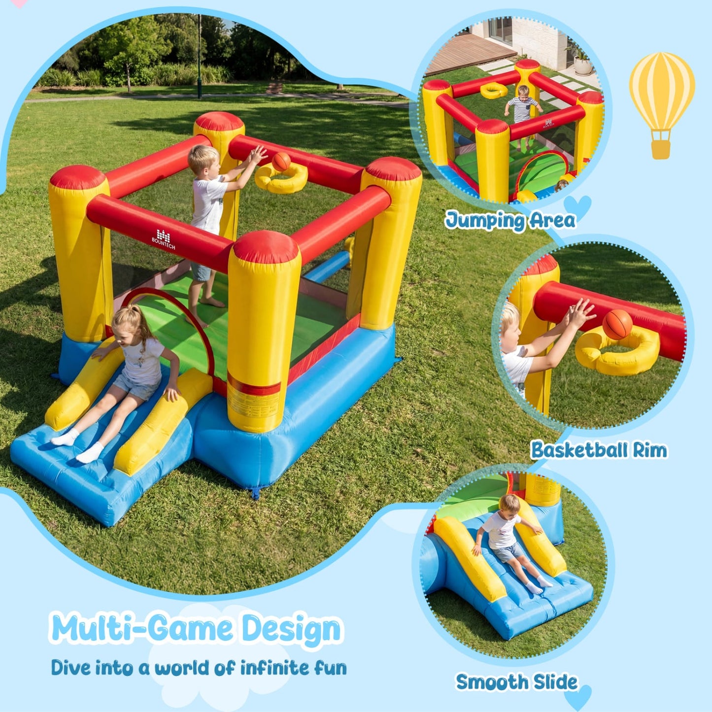 Inflatable Bounce House w/ Basketball Rim, 370W Blower