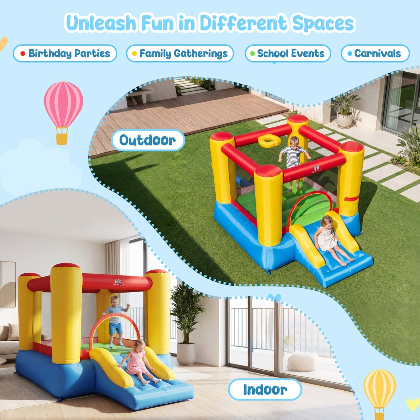 Inflatable Bounce House w/ Basketball Rim, 370W Blower