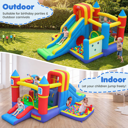 Maison gonflable, toboggan, mur d'escalade, panier de basket-ball