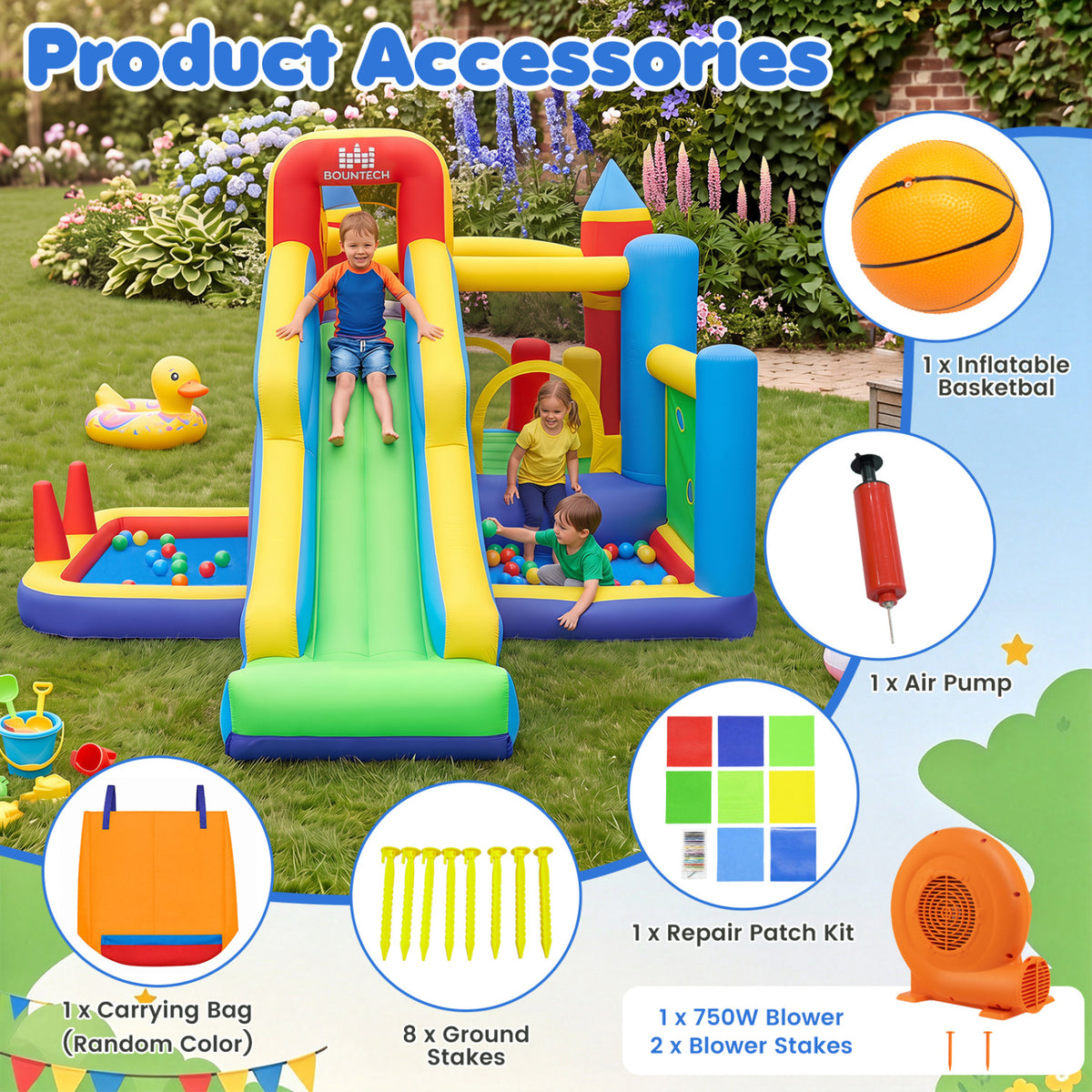 Maison gonflable, toboggan, mur d'escalade, panier de basket-ball