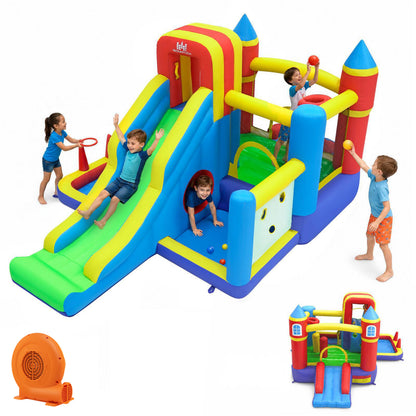 Maison gonflable, toboggan, mur d'escalade, panier de basket-ball
