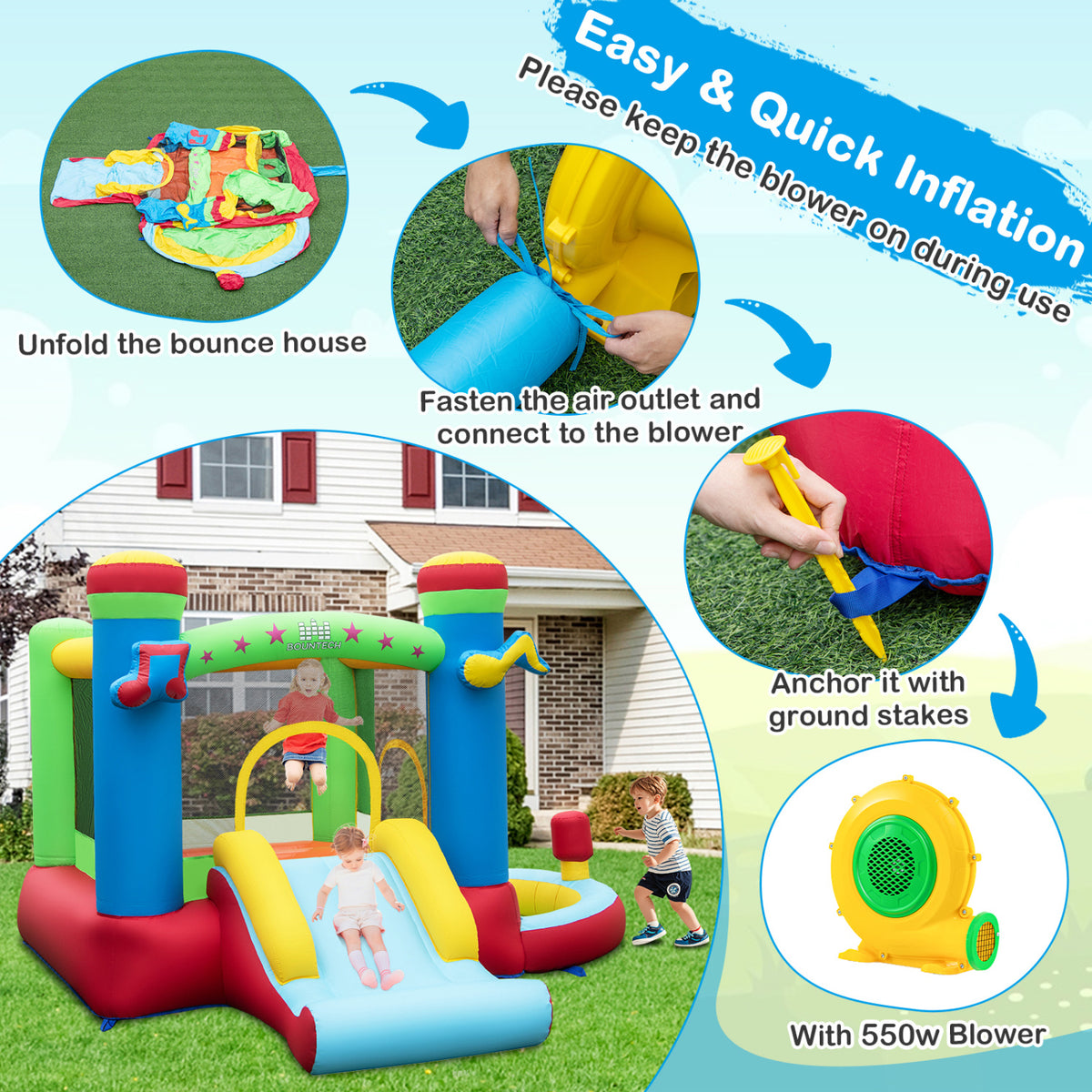 Inflatable Bounce House Kids Castle with 550 Blower