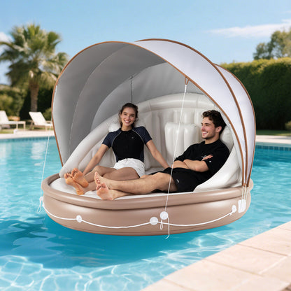 Inflatable Canopy Island Tanning Pool Lounger Float With Retractable Canopy, Tan
