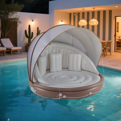 Inflatable Canopy Island Tanning Pool Lounger Float With Retractable Canopy, Tan