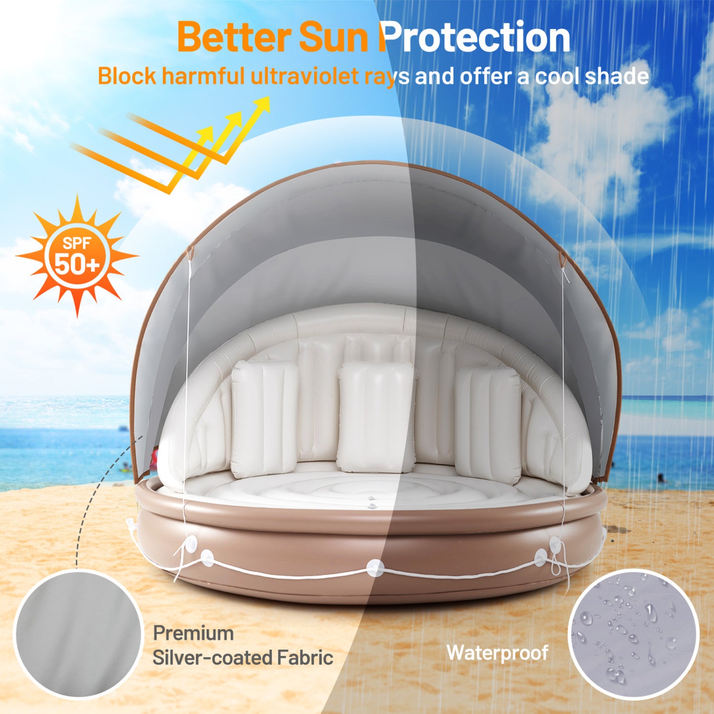 Inflatable Canopy Island Tanning Pool Lounger Float With Retractable Canopy, Tan