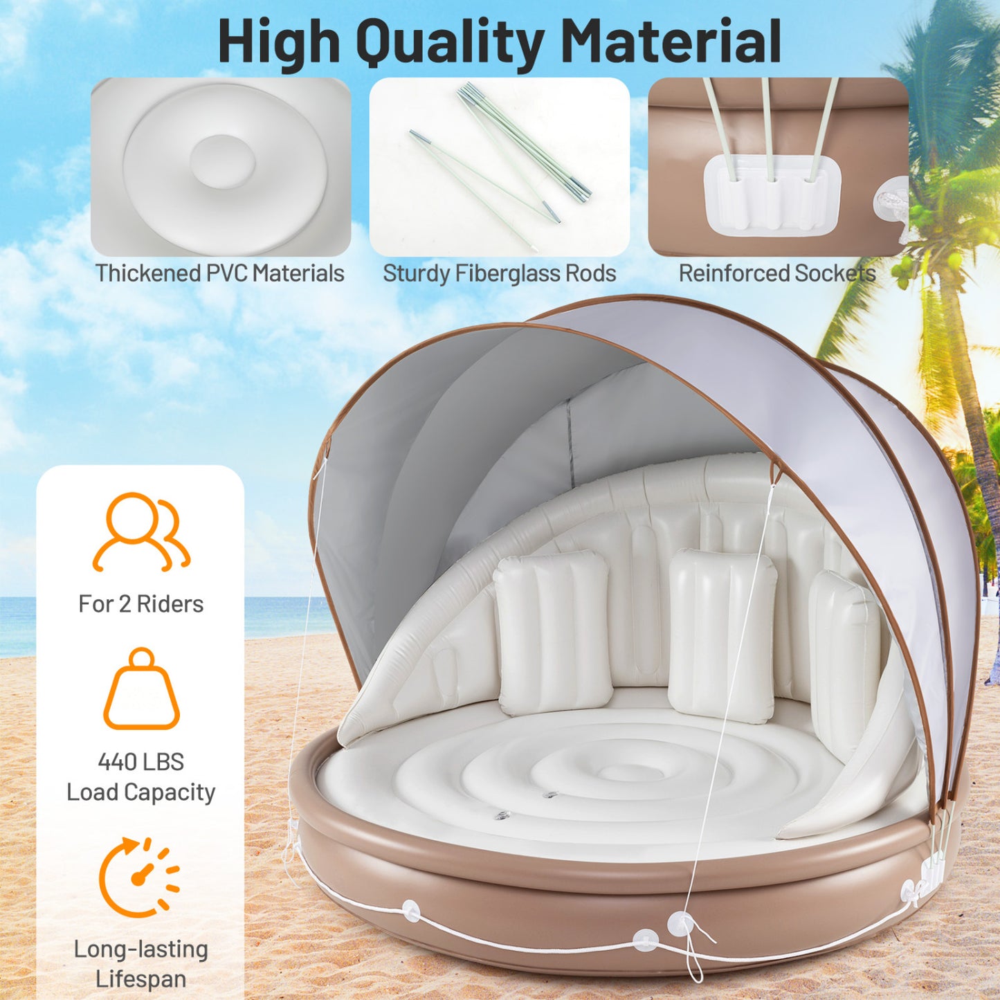 Inflatable Canopy Island Tanning Pool Lounger Float With Retractable Canopy, Tan